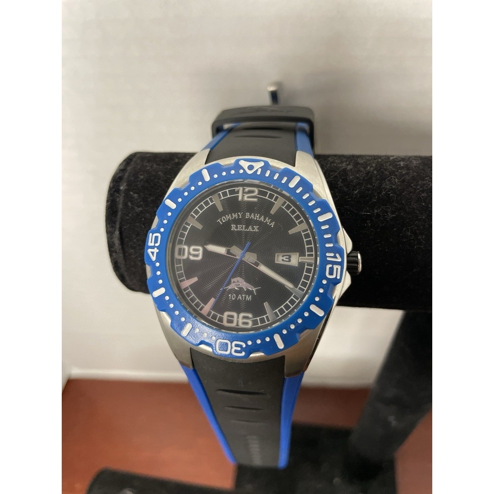 Tommy Bahama Dive Watch Men 10ATM Black Dial Steel Date Round New Batt TBRLX1105